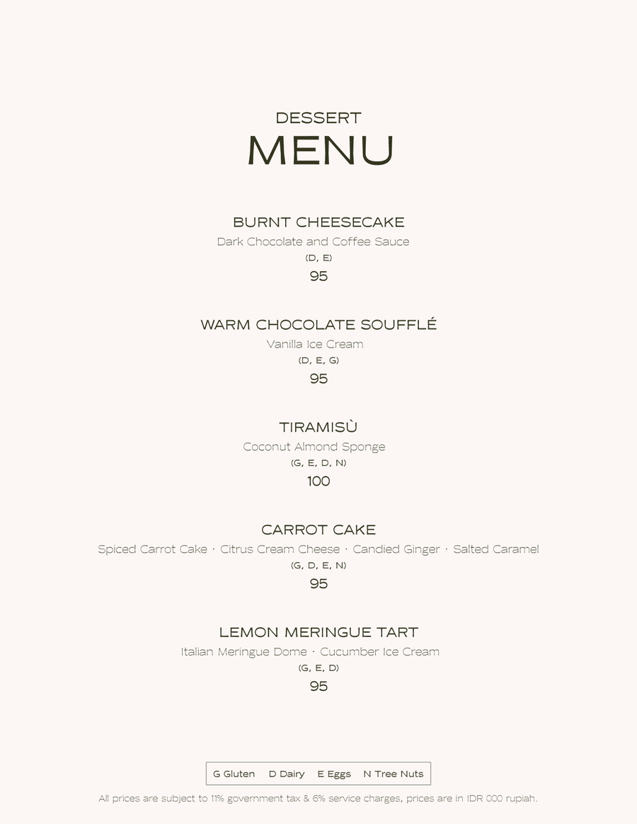 KAJA dessert menu, from burnt cheesecake to lemon meringue tart