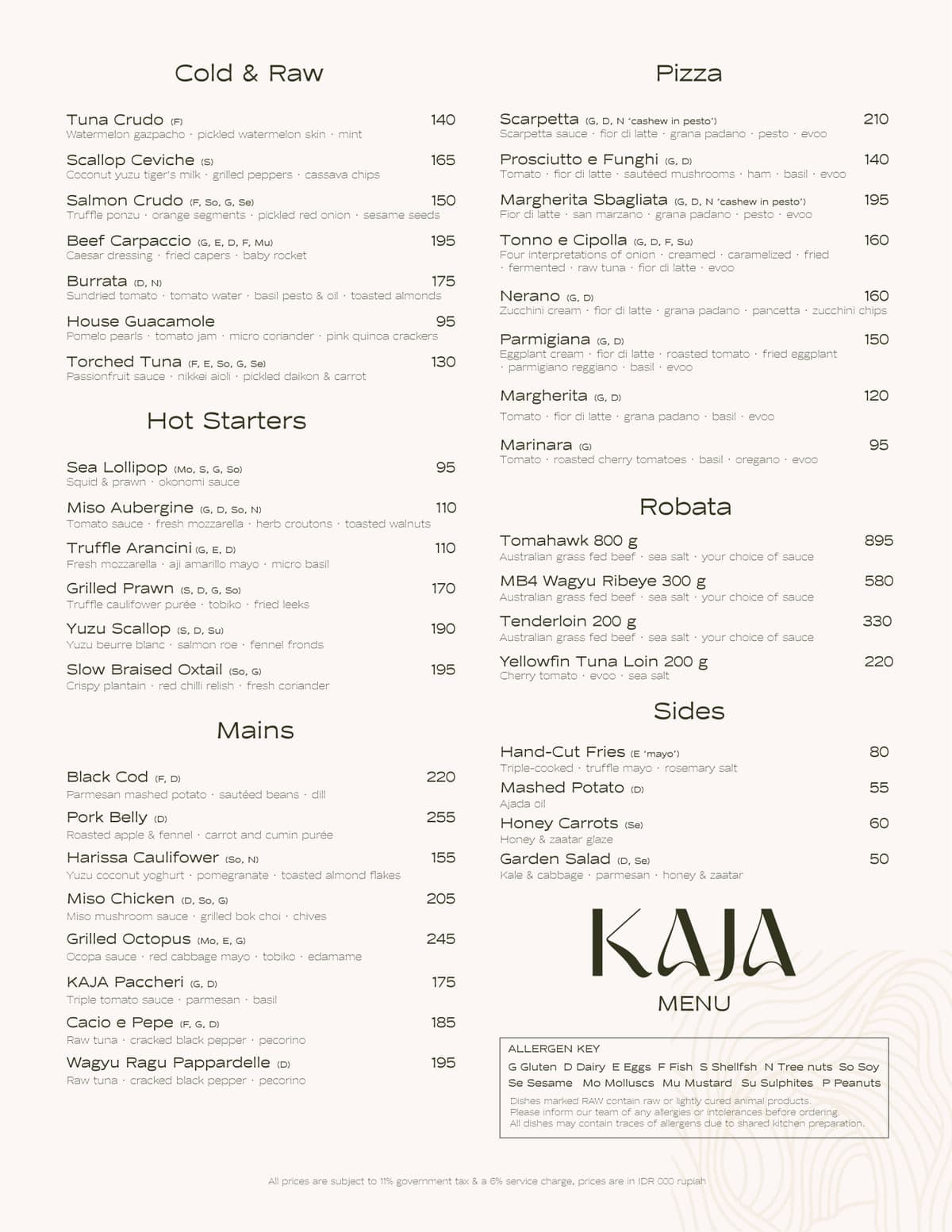 KAJA main menu: Cold & Raw, Hot Starters, Mains, Pizza, Robata and Sides