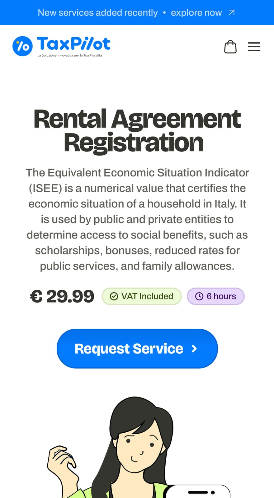 TaxPilot mobile service page: Rental Agreement Registration, €29.99 with VAT included and 6 hours, and a Request Service button